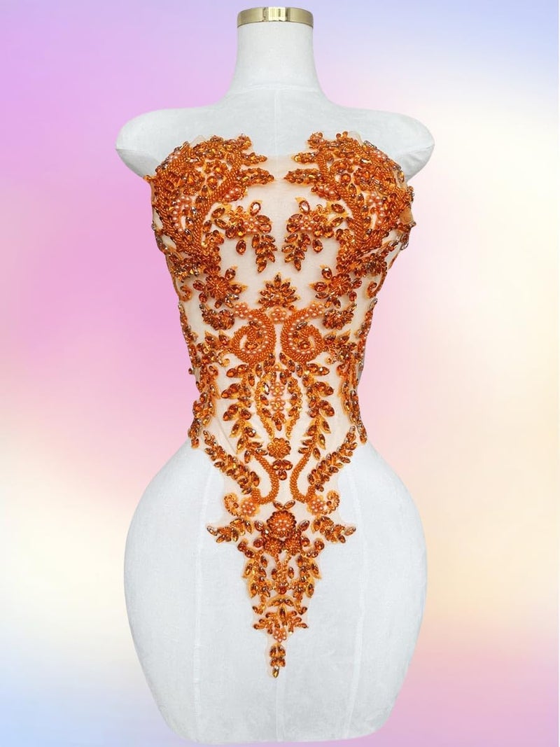 ArtistryXB Handmade Rhinestones Lace Bodice Applique Sew on Beads Sequins Trimming Patches for Dress Clothing Accessories 1Pcs/Bag (Orange) - Image 2
